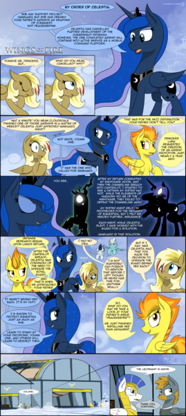 Size: 2560x5700 | Tagged: safe, artist:dangercloseart, derpibooru import, fleetfoot, nightmare moon, princess luna, queen chrysalis, soarin', spitfire, oc, oc:kitty hawk, oc:messerschmitt, pony, comic:wings of fire, comic, hangar, royal guard