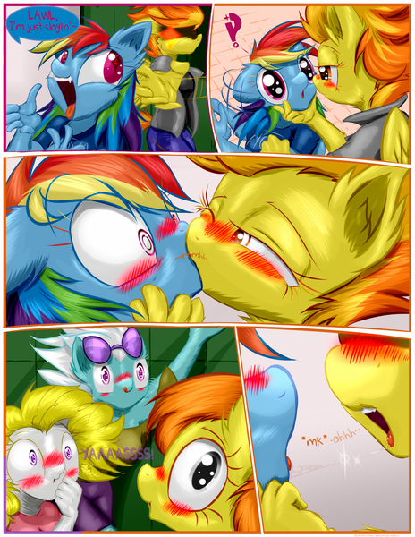 Size: 1632x2112 | Tagged: questionable, artist:frist44, derpibooru import, blaze, fleetfoot, rainbow dash, spitfire, surprise, anthro, comic:[title redacted], comic:afterburn, blushing, comic, drool, drool string, exclamation point, faic, female, females only, fluffy, grabbing, head turn, interrobang, interrobang (glyph), kissing, lesbian, licking, licking lips, locker room, mare, question mark, shipping, spitdash, surprise kiss, surprised, tongue out