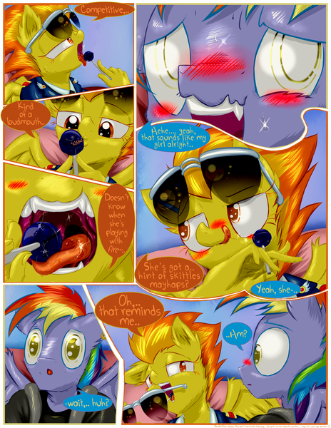 Size: 1632x2112 | Tagged: anthro, artist:frist44, blushing, candy, clothes, comic, comic:[title redacted], derpibooru import, fluffy, food, lollipop, maw, questionable, rainbow blaze, spitfire, suggestive eating, sunglasses, uniform, wonderbolts dress uniform