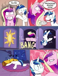 Size: 2625x3375 | Tagged: suggestive, artist:strangerdanger, derpibooru import, edit, princess cadance, shining armor, comic:get a room!, :p, angry, bedroom eyes, comic, dialogue, explicit source, female, gritted teeth, imminent sex, male, shiningcadance, shipping, speech bubble, straight, tongue out, underhoof, yelling