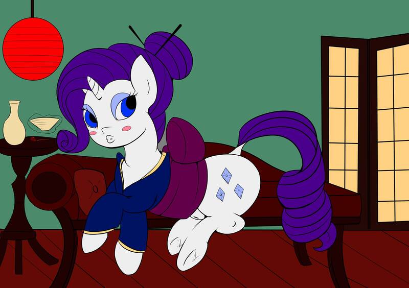 Size: 2048x1445 | Tagged: artist:candlesnacks, chaise, clothes, derpibooru import, folding screen, kanzashi, kimono (clothing), lamp, lineart, obi (clothing), pillow, pipe, rarity, rouge, safe, sake, simple background, solo, table, underhoof, vase