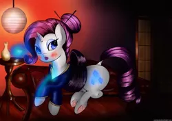 Size: 640x452 | Tagged: artist:candlesnacks, chaise, chopsticks in hair, clothes, derpibooru import, folding screen, kanzashi, kimono (clothing), lamp, lineart, obi (clothing), pillow, pipe, rarity, rouge, safe, sake, simple background, solo, table, underhoof, vase