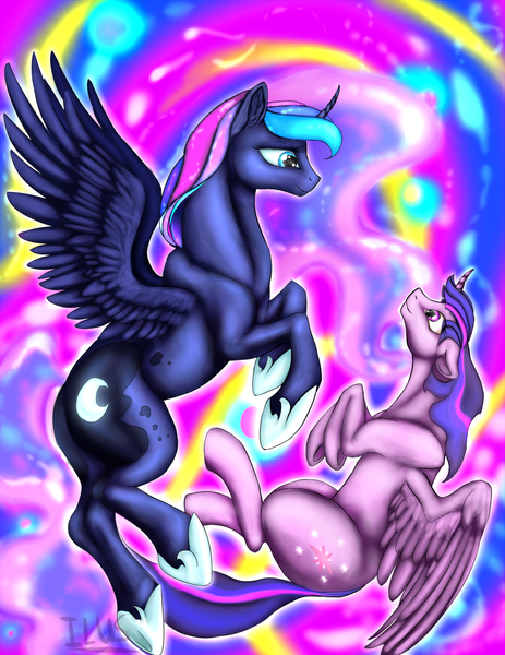 Size: 1166x1512 | Tagged: safe, artist:ladyilus, derpibooru import, princess luna, twilight sparkle, twilight sparkle (alicorn), alicorn, pony