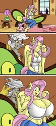 Size: 800x1800 | Tagged: suggestive, artist:mad'n evil, derpibooru import, angel bunny, discord, fluttershy, anthro, bat pony, unguligrade anthro, comic:fluttershy's couch, ask, big breasts, breast expansion, breasts, busty fluttershy, cleavage, comic, eris, female, flutterbat, growth, huge breasts, race swap, rule 63, tumblr