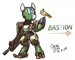 Size: 1200x961 | Tagged: safe, artist:ogre, derpibooru import, ponified, bird, pony, robot, robot pony, bastion (overwatch), hoof hold, looking at something, overwatch, pixiv, solo, video game