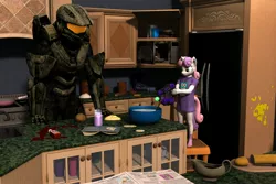 Size: 3000x2000 | Tagged: 3d, anthro, artist:tahublade7, chief and belle, cooking, crossover, daz studio, derpibooru import, fluttershy, gilda, halo (series), master chief, oh no, plantigrade anthro, safe, sweetie belle, this will end in tears, weapon, xk-class end-of-the-kitchen scenario