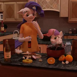 Size: 2000x2000 | Tagged: 3d, anthro, apple, artist:tahublade7, clothes, cooking, daz studio, derpibooru import, egg (food), food, ketchup, kitchen, milk, olive oil, onion, orange, panties, pineapple, rarity, safe, sauce, shirt, sweetie belle, this will end in fire, tomato, t-shirt, underwear