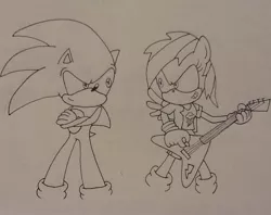 Size: 908x720 | Tagged: anthro, artist:artking3000, crossover, derpibooru import, flying v, guitar, monochrome, musical instrument, rainbow dash, safe, sonicified, sonic the hedgehog, sonic the hedgehog (series), traditional art