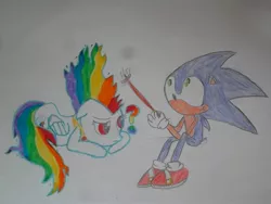 Size: 1024x768 | Tagged: artist:turtleponyninja1, crossover, derpibooru import, food, hot dog, meat, rainbow dash, safe, sausage, sonic the hedgehog, sonic the hedgehog (series), super rainbow dash, traditional art