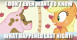 Size: 918x474 | Tagged: safe, derpibooru import, edit, edited screencap, screencap, applejack, earth pony, pig, pony, 28 pranks later, applejack's bed partner, bed, blushing, caption, exploitable meme, female, hangover, image macro, implied bestiality, mare, meme, out of context, pillow, shocked, text