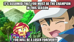 Size: 500x281 | Tagged: safe, derpibooru import, edit, edited screencap, screencap, sci-twi, sunset shimmer, twilight sparkle, equestria girls, friendship games, angry, ash ketchum, caption, exploitable meme, image macro, meme, pokémon, pokémon x and y, spoilers for another series, sunset yells at twilight