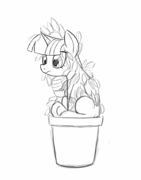 Size: 1002x1280 | Tagged: safe, artist:trickydick, derpibooru import, twilight sparkle, twilight sparkle (alicorn), alicorn, pony, monochrome, potted plant, sketch, solo, twilight bushel