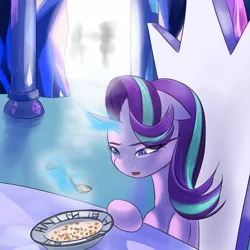 Size: 1000x1000 | Tagged: artist:wookylee, cereal, derpibooru import, eating, food, lonely, sad, safe, solo, starlight glimmer, twilight's castle