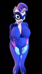 Size: 1080x1920 | Tagged: 3d, anthro, artist:snuddy, bedroom eyes, belly button, big breasts, bodysuit, breasts, busty rarity, catsuit, cleavage, derpibooru import, edit, editor:vanchees, female, looking at you, power ponies, power ponies (episode), radiance, rarity, solo, solo female, suggestive, tight clothing