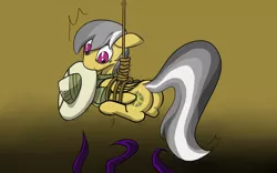 Size: 1680x1050 | Tagged: artist:clacksphob, bondage, clothes, daring do, derpibooru import, hanging, hat, i've seen enough hentai to know where this is going, peril, pith helmet, rope, solo, suggestive, suspended, tentacles