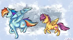 Size: 1024x556 | Tagged: artist:twixyamber, backwards cutie mark, cutie mark, derpibooru import, rainbow dash, running, safe, scootaloo, scootalove, the cmc's cutie marks