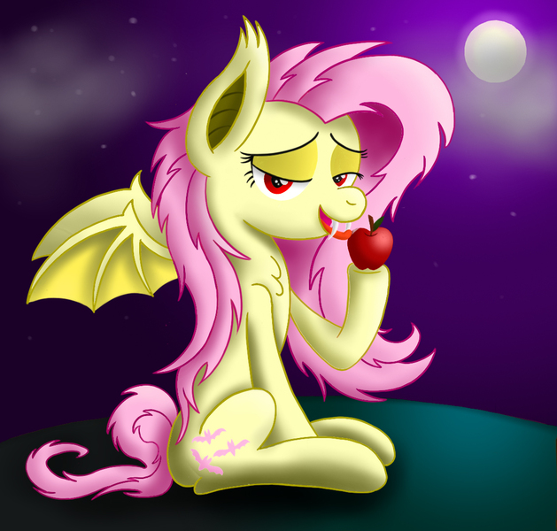 Size: 1132x1080 | Tagged: safe, artist:steam-loco, derpibooru import, fluttershy, bat pony, pony, bats!, apple, bat ponified, flutterbat, food, night, race swap, solo