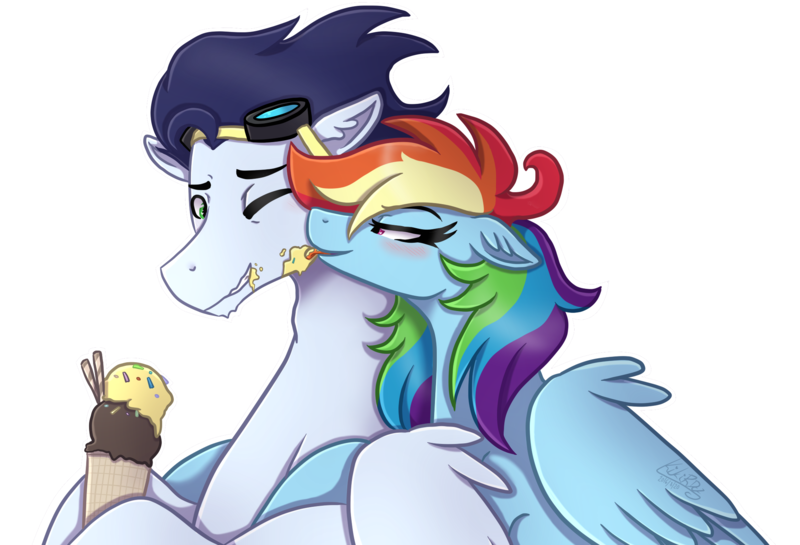 Size: 2200x1500 | Tagged: safe, artist:kikirdcz, derpibooru import, rainbow dash, soarin', pony, 30 day otp challenge, female, food, ice cream, licking, male, shipping, simple background, soarindash, straight, tongue out, transparent background