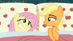 Size: 1280x715 | Tagged: safe, artist:小凱, derpibooru import, edit, edited screencap, screencap, applejack, fluttershy, pony, 28 pranks later, applejack's bed partner, appleshy, bed, exploitable meme, female, implied appleshy, implied lesbian, implied shipping, lesbian, mare, meme, pillow, shipping