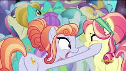 Size: 1920x1080 | Tagged: safe, derpibooru import, screencap, amber laurel, atomic crystal, atticus, beta particle, bonna fide, bright smile, castle (crystal pony), citrine nectar, crystal arrow, crystal beau, glamour gleam, golden väs, neighls bohr, rook ramparts, ruby love, sapphire joy, scarlet heart, unnamed character, unnamed pony, crystal pony, pony, the times they are a changeling, background pony, butt, discovery family logo, duo focus, female, male, mare, plot, scared, stallion