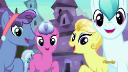 Size: 500x281 | Tagged: safe, derpibooru import, screencap, amber waves, atticus, crystal arrow, crystal beau, elbow grease, golden glitter, paradise (crystal pony), unnamed character, unnamed pony, crystal pony, pony, the times they are a changeling, adorable waves, animated, background pony, cute, discovery family logo, female, male, mare, stallion