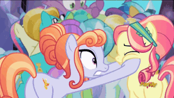 Size: 1286x724 | Tagged: safe, derpibooru import, screencap, amber laurel, atomic crystal, atticus, beta particle, bonna fide, bright smile, castle (crystal pony), citrine nectar, crystal arrow, crystal beau, glamour gleam, golden väs, neighls bohr, rook ramparts, ruby love, sapphire joy, scarlet heart, spike, unnamed character, unnamed pony, crystal pony, pony, the times they are a changeling, animated, background pony, butt, discovery family logo, duo focus, female, male, mare, plot, scared, stallion