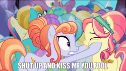 Size: 1286x724 | Tagged: safe, derpibooru import, edit, edited screencap, screencap, amber laurel, atomic crystal, atticus, beta particle, bonna fide, bright smile, castle (crystal pony), citrine nectar, crystal arrow, crystal beau, glamour gleam, golden väs, neighls bohr, rook ramparts, ruby love, sapphire joy, scarlet heart, spike, unnamed character, unnamed pony, crystal pony, pony, the times they are a changeling, animated, background pony, butt, caption, discovery family logo, duo focus, female, image macro, kiss me you fool, lesbian, male, mare, meme, plot, shipping, stallion, text