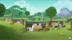 Size: 1366x768 | Tagged: safe, derpibooru import, screencap, crackle pop, derpy hooves, diamond tiara, randolph, snips, snips' dad, train tracks (character), pegasus, pony, unicorn, the cart before the ponies, colt, discovery family logo, female, male, mare