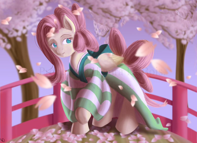 Size: 8800x6400 | Tagged: absurd resolution, artist:mirrorandimage, bridge, cherry blossoms, cherry tree, clothes, derpibooru import, flower, flower blossom, fluttershy, kimono (clothing), safe, solo, tree, watermark