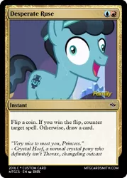 Size: 375x523 | Tagged: caption, card, changeling, crystal hoof, crystal hoof didn't listen, derp, derpibooru import, discovery family logo, disguise, disguised changeling, exploitable meme, i didn't listen, image macro, magic the gathering, meme, most definitely not a changeling, open mouth, safe, screencap, suspiciously specific denial, text, the times they are a changeling, thorax