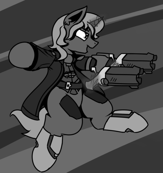 Size: 1523x1617 | Tagged: artist:coatieyay, derpibooru import, gun, monochrome, oc, oc:flask, overwatch, reaper (overwatch), safe, solo, unofficial characters only, weapon