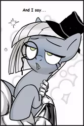 Size: 414x623 | Tagged: safe, artist:pencils, derpibooru import, edit, limestone pie, oc, oc:anon, earth pony, human, pony, comic:anon's pie adventure, comic, cropped, female, hat, i say, mare, monocle, monocle and top hat, top hat