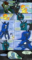 Size: 2560x4800 | Tagged: safe, artist:dangercloseart, derpibooru import, fleetfoot, princess luna, queen chrysalis, soarin', spitfire, oc, oc:dive siren, oc:kitty hawk, alicorn, bat pony, changeling, changeling queen, pegasus, pony, comic:wings of fire, comic, fangs, female, glowing horn, horn, male, mare, slit eyes, stallion, weapon