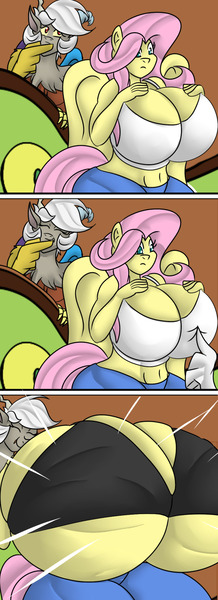 Size: 698x1920 | Tagged: questionable, artist:mad'n evil, derpibooru import, discord, fluttershy, anthro, bat pony, comic:fluttershy's couch, ask, big breasts, bra, breast expansion, breasts, busty fluttershy, cleavage, clothes, comic, eris, female, flutterbat, growth, huge breasts, hyper, hyper breasts, impossibly large breasts, inflation, race swap, rule 63, tumblr, tumblr comic, underwear