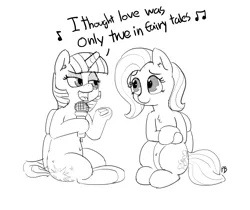 Size: 1280x1075 | Tagged: safe, artist:pabbley, derpibooru import, fluttershy, twilight sparkle, twilight sparkle (alicorn), alicorn, pony, belly button, female, i'm a believer, lesbian, mare, microphone, monochrome, shipping, singing, sitting, sketch, song reference, the monkees, twishy