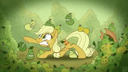 Size: 3840x2160 | Tagged: safe, artist:pirill, derpibooru import, applejack, derpy hooves, pony, accessory theft, applejack's hat, biting, biting pear of salamanca, cowboy hat, ear bite, easter egg, eyes closed, female, food, freckles, frown, gritted teeth, hat, mare, newbie artist training grounds, nom, pear, pun, raised hoof, reaching, solo, tail bite, underhoof, visual pun, wide eyes