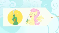 Size: 1280x720 | Tagged: safe, derpibooru import, screencap, fluttershy, pegasus, pony, green isn't your color, banner, carrot juice, cute, eyes closed, female, juice, mare, open mouth, shyabetes, smiling, spread wings, wings