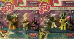 Size: 1625x877 | Tagged: safe, derpibooru import, apple bloom, pipsqueak, scootaloo, sweetie belle, vampire, wolf, luna eclipsed, animal costume, blind bag, clothes, costume, cutie mark crusaders, frankenstein's bride, friendship is magic collection, my little pony logo, nightmare night, nightmare night costume, official, pip pinto squeak, pirate, scootawolf, sword, toy, toys r us, weapon, wolf costume
