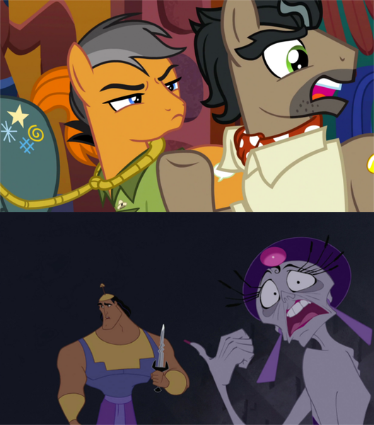 Size: 617x700 | Tagged: safe, derpibooru import, screencap, doctor caballeron, quibble pants, pony, stranger than fan fiction, comparison, disney, kronk, the emperor's new groove, yzma