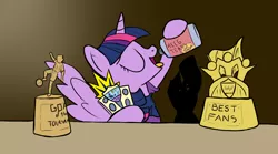 Size: 1600x889 | Tagged: safe, derpibooru import, twilight sparkle, twilight sparkle (alicorn), alicorn, pony, 4chan cup, drinking, eyes closed, football, solo, sports, tongue out, trophy, your tears are delicious