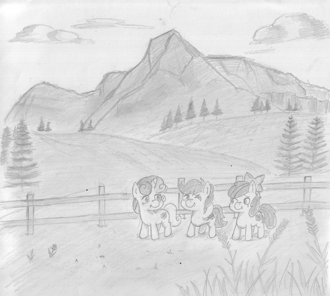 Size: 3684x3306 | Tagged: apple bloom, artist:periodicbrony, cutie mark, cutie mark crusaders, derpibooru import, monochrome, raised hoof, safe, scenery, scootaloo, sweetie belle, the cmc's cutie marks, traditional art