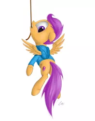 Size: 3086x3923 | Tagged: artist:deltauraart, clothes, cutie mark, derpibooru import, hanging, hang in there, hoodie, mouth hold, rope, safe, scootaloo, simple background, solo, the cmc's cutie marks, white background