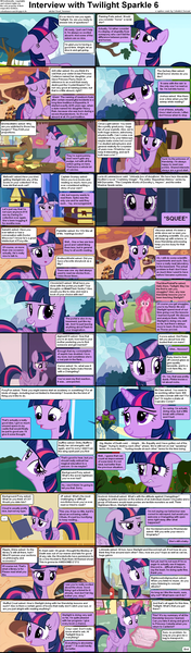 Size: 1282x4375 | Tagged: safe, derpibooru import, pinkie pie, twilight sparkle, twilight sparkle (alicorn), alicorn, pony, comic:celestia's servant interview, adorkable, book, caption, comic, cs captions, cute, dork, fast food, flash cards, floppy ears, food, golden oaks library, hilarious in hindsight, implied flash sentry, interview, levitation, magic, shelf, telekinesis, twiabetes, twilight's castle