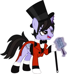 Size: 1544x1696 | Tagged: safe, artist:lightningbolt, derpibooru import, ponified, pony, unicorn, .svg available, a fever you can't sweat out, brendon urie, cane, clothes, eyeliner, femboy, gloves, glowing horn, hair over one eye, hat, horn, i write sins not tragedies, magic, makeup, male, microphone, panic! at the disco, shoes, simple background, smug, socks, solo, stallion, suit, svg, telekinesis, top hat, transparent background, vector
