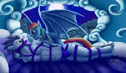 Size: 1808x1054 | Tagged: grimdark, suggestive, artist:quakehoof, derpibooru import, rainbow dash, soarin', anthro, bat pony, vampire, vampony, series:elements of nightfall, abs, bare chest, bat ponified, bed, bedroom, bondage, cleave gag, cloth gag, clothes, explicit description, eye contact, fangs, female, femdom, gag, hands behind back, imminent rape, imminent sex, implied rape, jock strap, jockstrap, knee tied, looking at each other, male, moon, moonlight, muscles, muzzle gag, nipples, nudity, partial nudity, race swap, rainboob bite, rainbowbat, shipping, side, skimpy armor, soarindash, species swap, story included, straight, stupid sexy soarin', tied up, topless, underwear