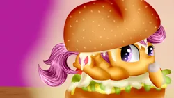 Size: 3309x1861 | Tagged: artist:lixthefork, burger, chicken burger, cute, cutealoo, cutie mark, derpibooru import, food, safe, scootachicken, scootaloo, solo, the cmc's cutie marks