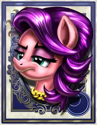 Size: 700x900 | Tagged: safe, artist:harwick, derpibooru import, spoiled rich, earth pony, pony, harwick's sun/moon portraits, bust, chain necklace, female, frown, jewelry, lidded eyes, mare, mother, necklace, portrait, solo