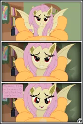 Size: 3254x4837 | Tagged: suggestive, artist:gutovi, derpibooru import, applejack, fluttershy, bat pony, earth pony, pony, comic:why me!?, appleshy, bat ponified, bedroom eyes, comic, dialogue, eyes on the prize, fangs, female, female pov, females only, flutterbat, fluttershy's cottage, imminent cunnilingus, imminent sex, implied cunnilingus, implied oral, implied sex, lesbian, lip bite, mare, offscreen character, pov, race swap, red eyes, shipping, speech bubble