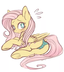 Size: 1800x2000 | Tagged: suggestive, alternate version, artist:iatric, deleted from derpibooru, derpibooru import, fluttershy, pony, blushing, butt, clothes, dock, ear fluff, female, flutterbutt, frog (hoof), looking at you, mare, panties, plot, simple background, solo, solo female, striped underwear, underhoof, underwear