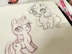 Size: 960x720 | Tagged: safe, artist:陳芫茹‎, derpibooru import, pinkie pie, twilight sparkle, twilight sparkle (alicorn), alicorn, pony, pencil drawing, traditional art